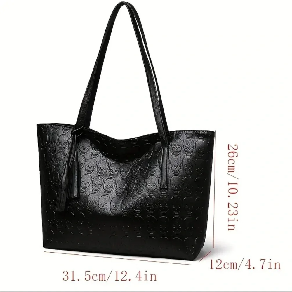 Black Skull Embossed Shoulder Tote Bag Vegan Leather Goth Glam Shopper Purse NWT
